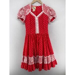 JERI BEE Dress 8 Square Dancing Rockabilly Lace Floral Fit & Flare Red USA VTG